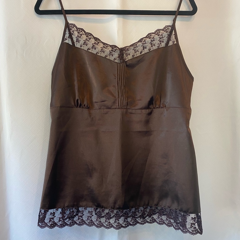 Ricki's Rich Chocolate Brown Lace Trim Satin Empire Waist Sexy Camisole Tank LG